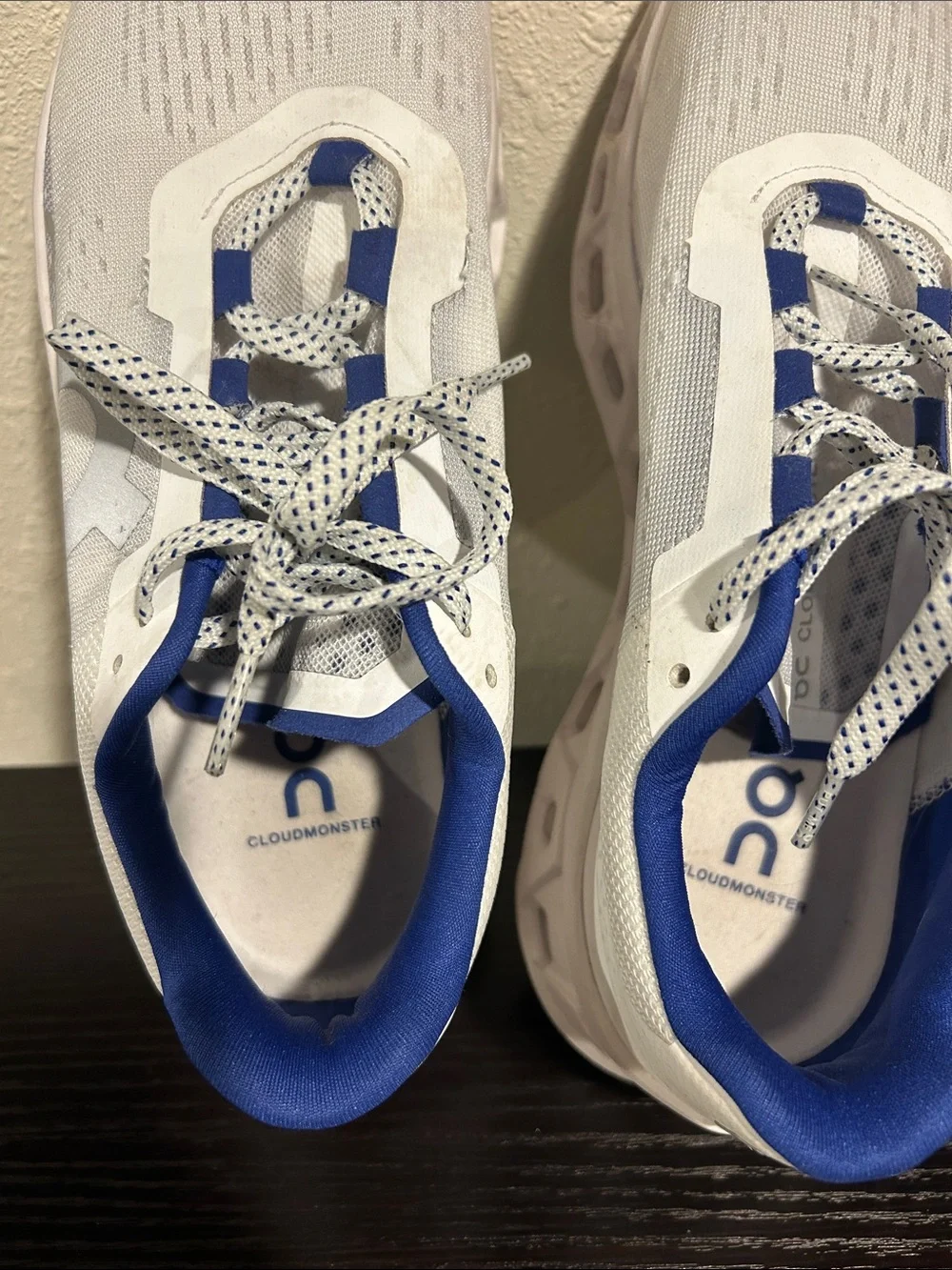 On Running White and Blue Cloudmonster Sneakers